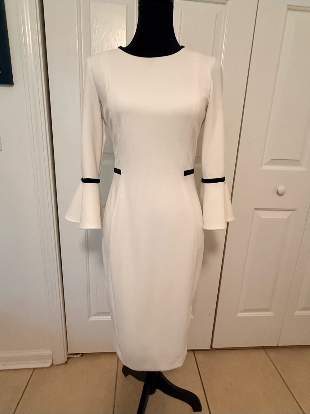 Calvin Klein Cream Midi Sheath Dress with Black Trim